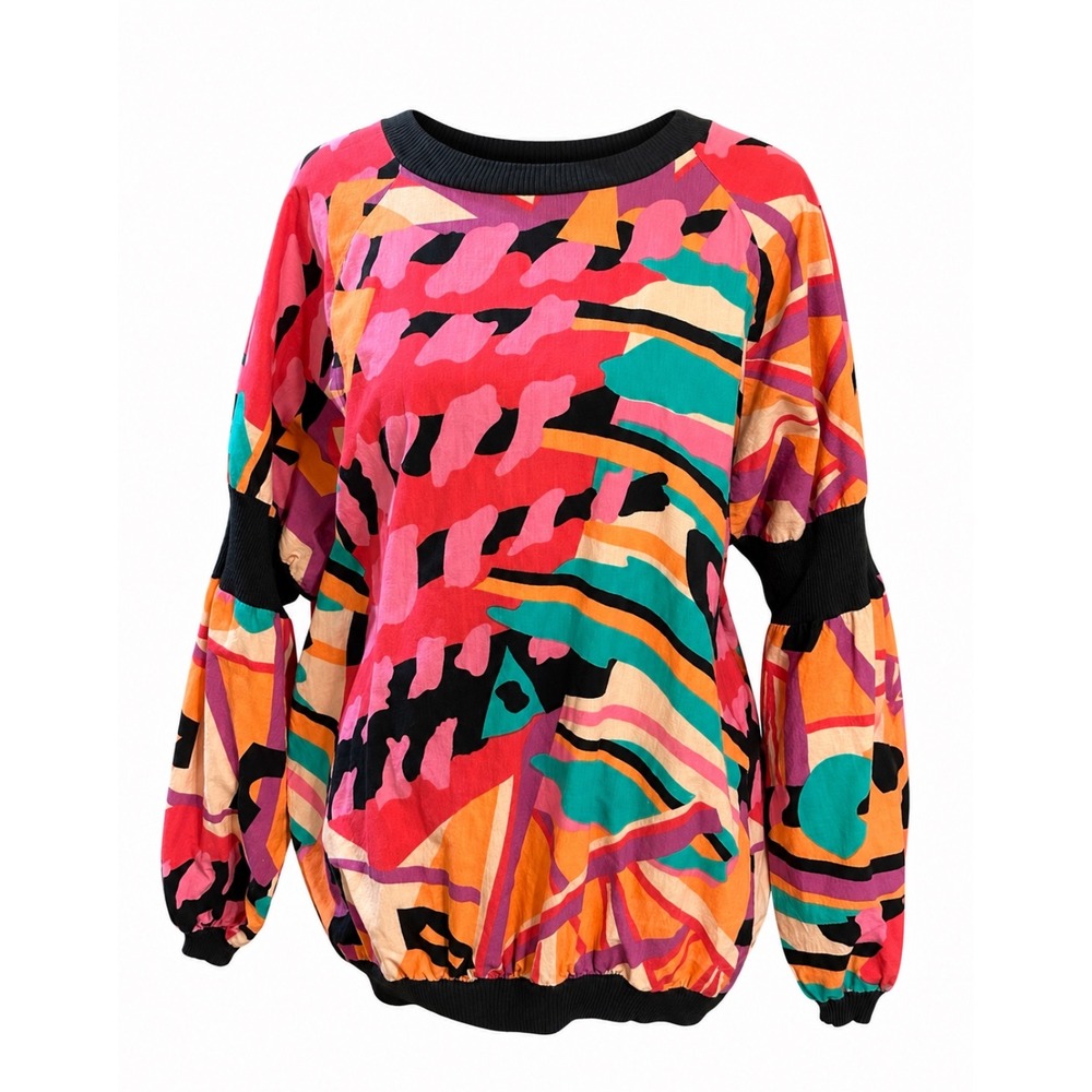 Vintage XL Abstract Print Top 80s 90s Colorful Balloon Sleeve Blouse L. Simsbury
